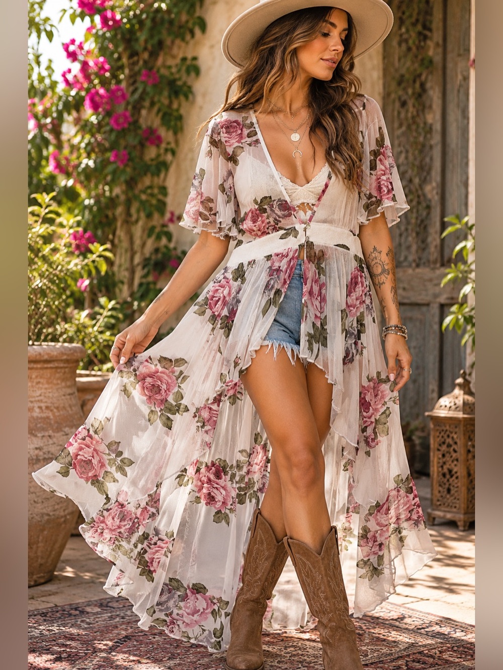 Haute Project Floral Sheer Mesh Duster Cardigan Size L Romantic Boho